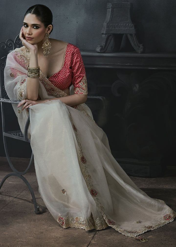Pearl White Organza Saree with Threadwork &amp; Stone Accents