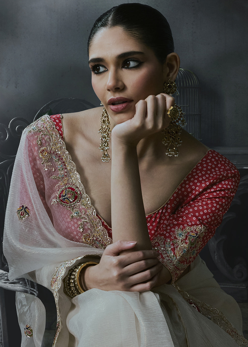 Pearl White Organza Saree with Threadwork &amp; Stone Accents
