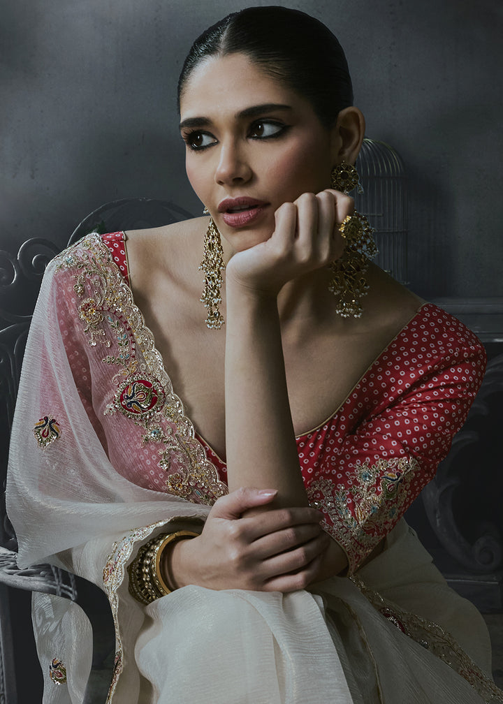 Pearl White Organza Saree with Threadwork &amp; Stone Accents