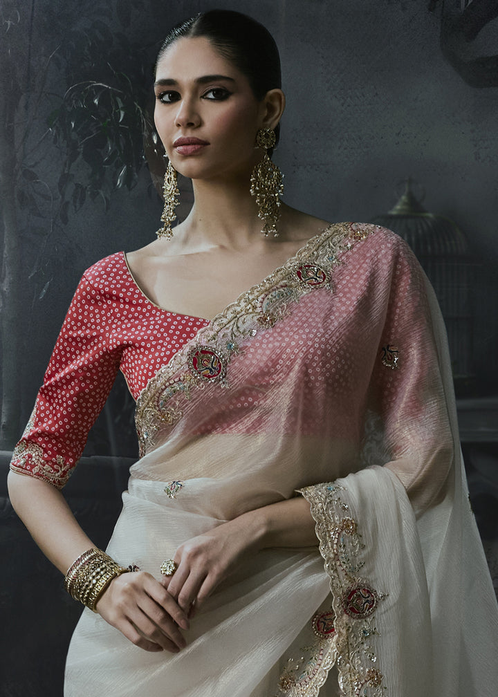Pearl White Organza Saree with Threadwork &amp; Stone Accents