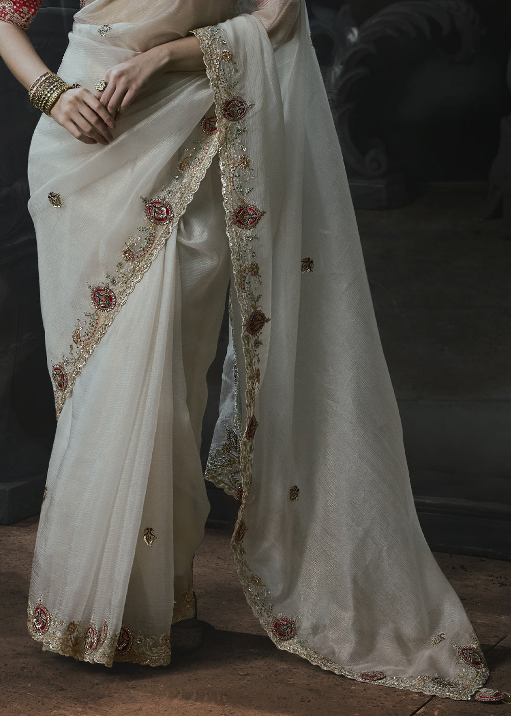 Pearl White Organza Saree with Threadwork &amp; Stone Accents