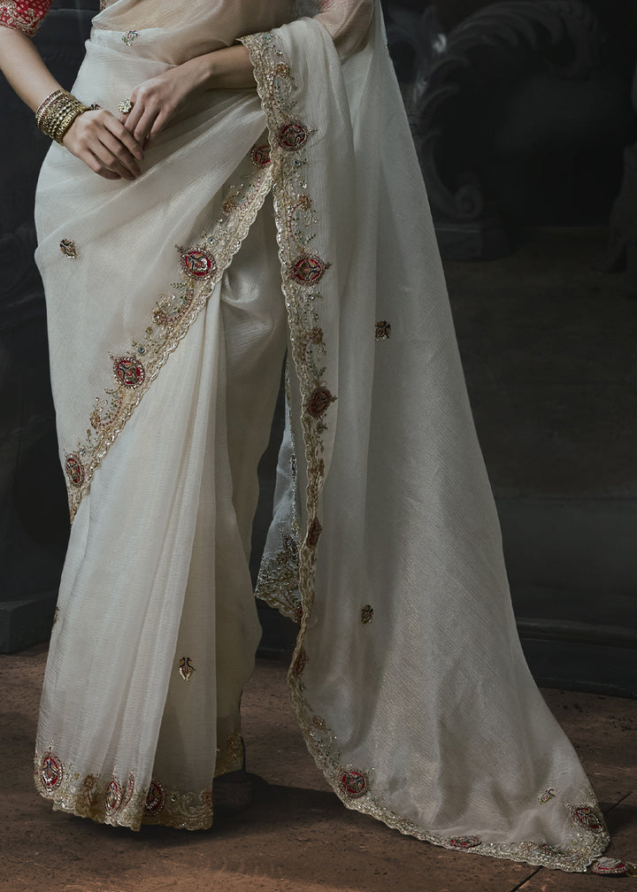 Pearl White Organza Saree with Threadwork &amp; Stone Accents