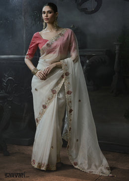Pearl White Organza Saree with Threadwork & Stone Accents