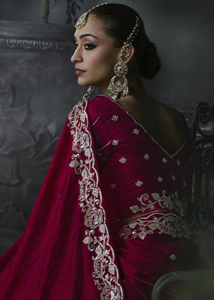 Wild Berry Pink Tissue Silk Saree with Threadwork &amp; Stone Accents