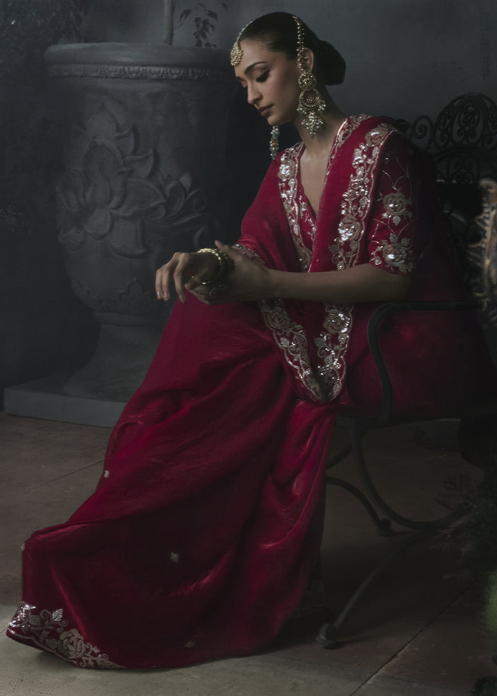 Wild Berry Pink Tissue Silk Saree with Threadwork &amp; Stone Accents