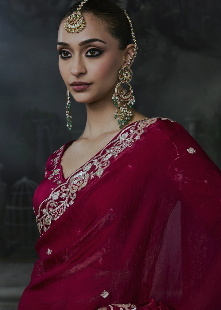 Wild Berry Pink Tissue Silk Saree with Threadwork &amp; Stone Accents