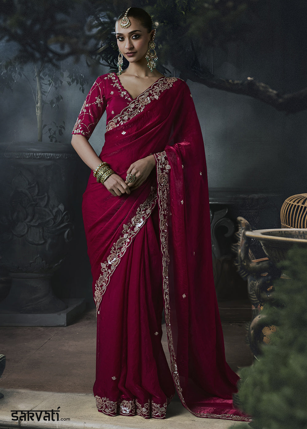 Wild Berry Pink Tissue Silk Saree with Threadwork &amp; Stone Accents