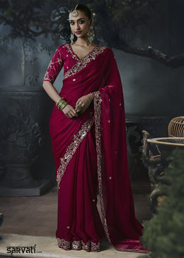 Wild Berry Pink Tissue Silk Saree with Threadwork & Stone Accents
