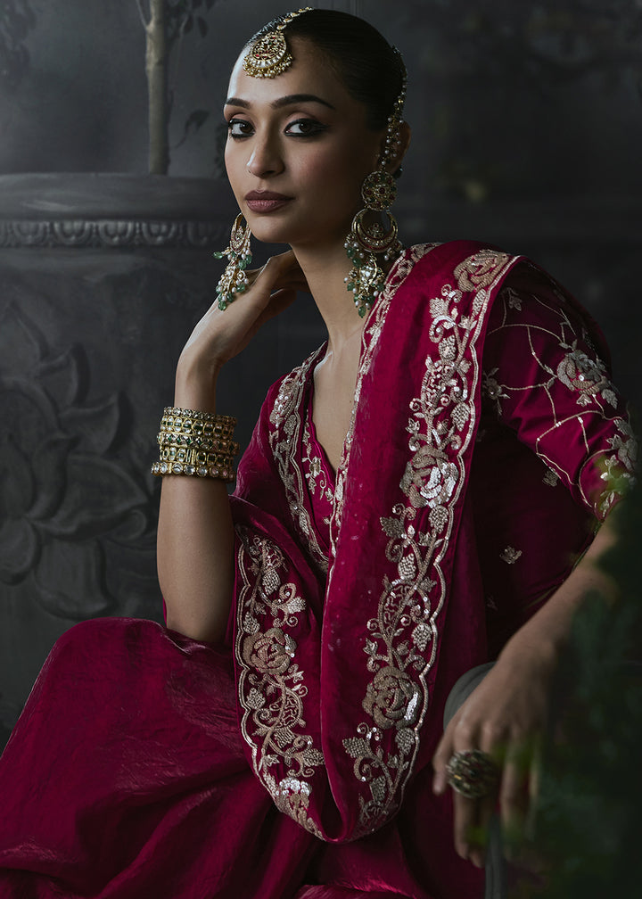 Wild Berry Pink Tissue Silk Saree with Threadwork &amp; Stone Accents