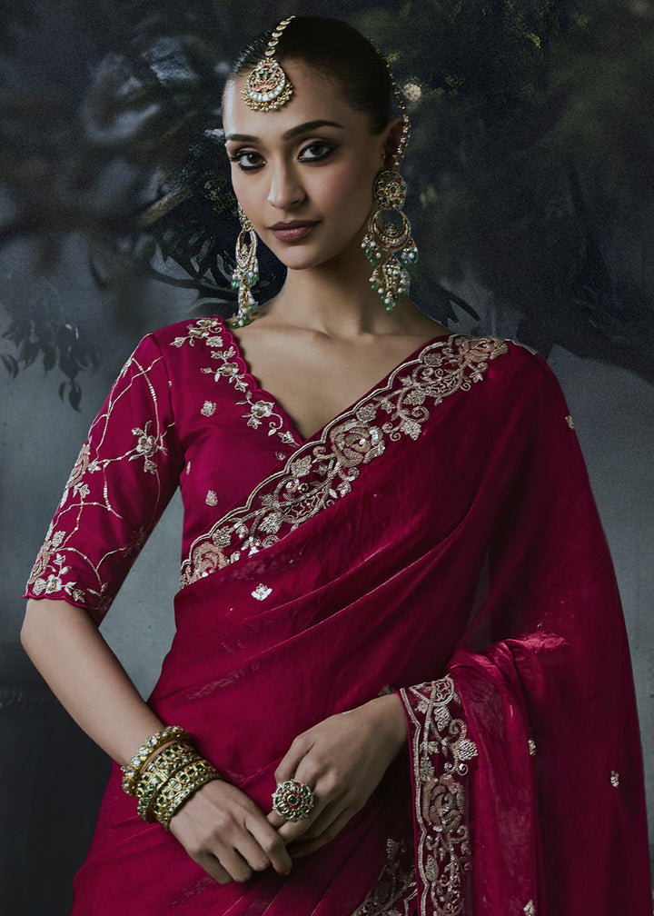 Wild Berry Pink Tissue Silk Saree with Threadwork &amp; Stone Accents