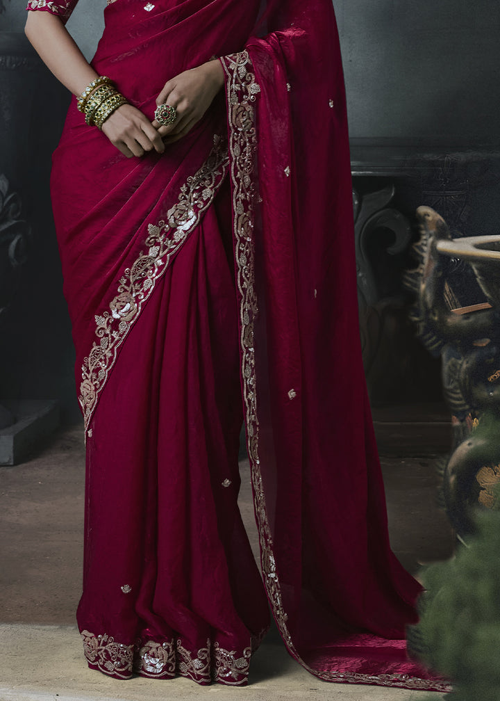 Wild Berry Pink Tissue Silk Saree with Threadwork &amp; Stone Accents