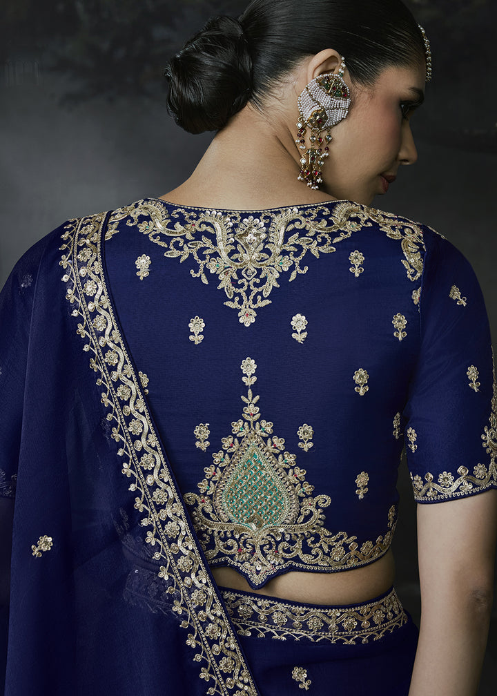 Midnight Blue Tissue Silk Saree with Threadwork &amp; Stone Accents