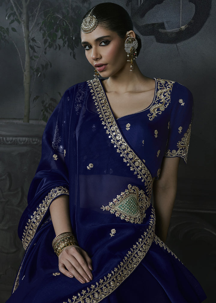Midnight Blue Tissue Silk Saree with Threadwork &amp; Stone Accents