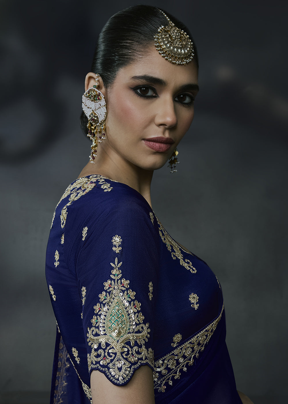 Midnight Blue Tissue Silk Saree with Threadwork &amp; Stone Accents