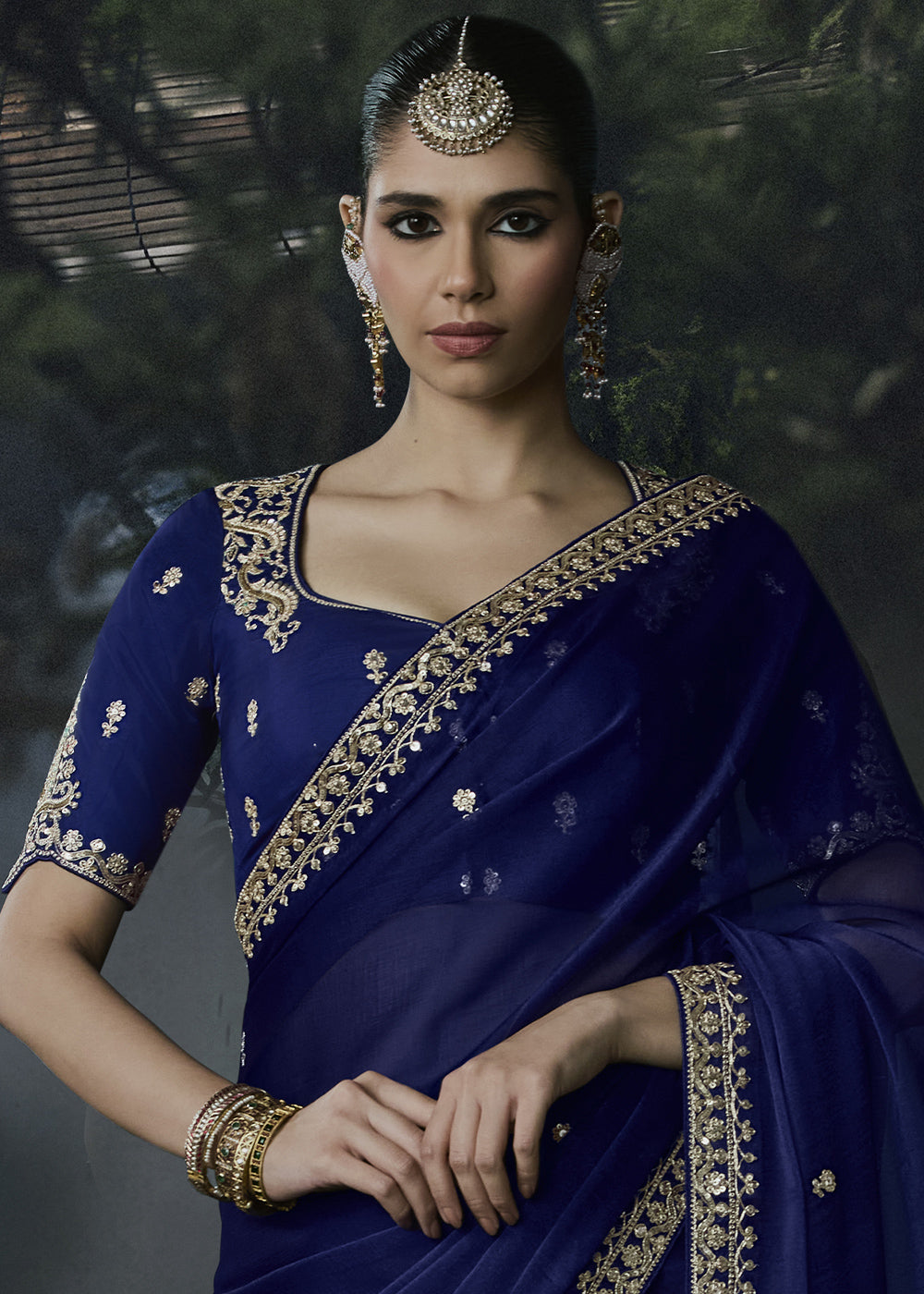 Midnight Blue Tissue Silk Saree with Threadwork &amp; Stone Accents