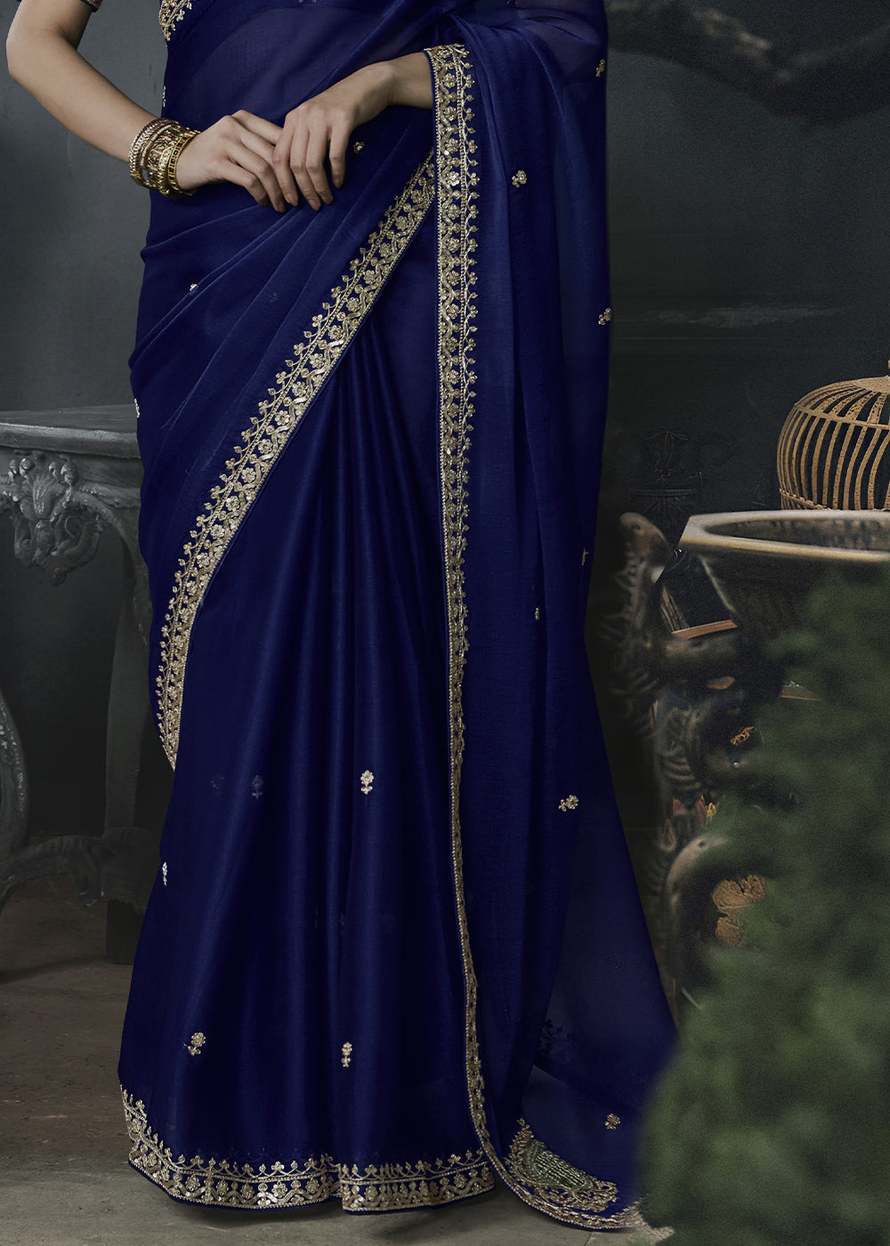 Midnight Blue Tissue Silk Saree with Threadwork &amp; Stone Accents