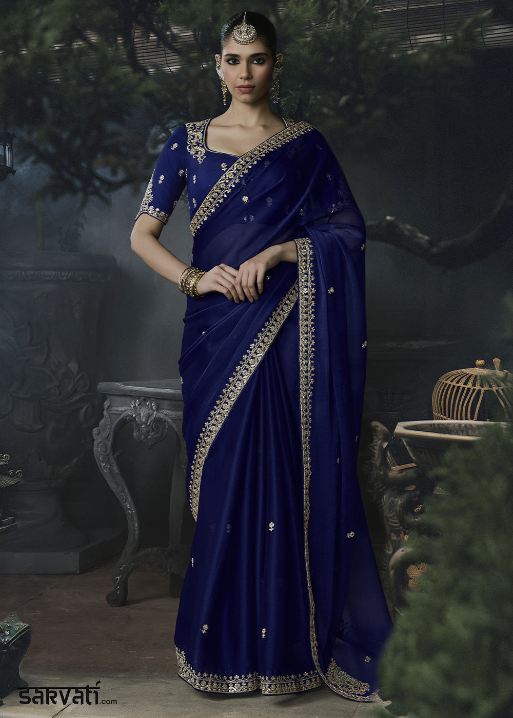 Midnight Blue Tissue Silk Saree with Threadwork &amp; Stone Accents