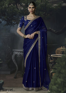 Midnight Blue Tissue Silk Saree with Threadwork & Stone Accents