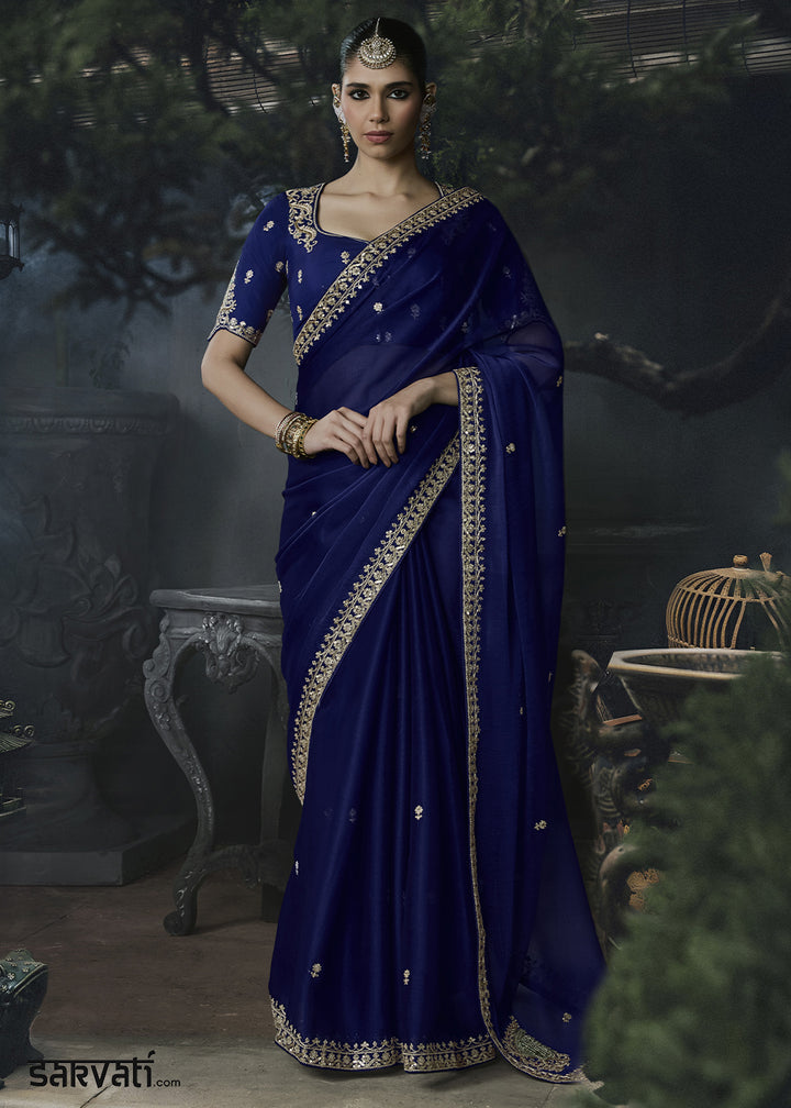 Midnight Blue Tissue Silk Saree with Threadwork &amp; Stone Accents