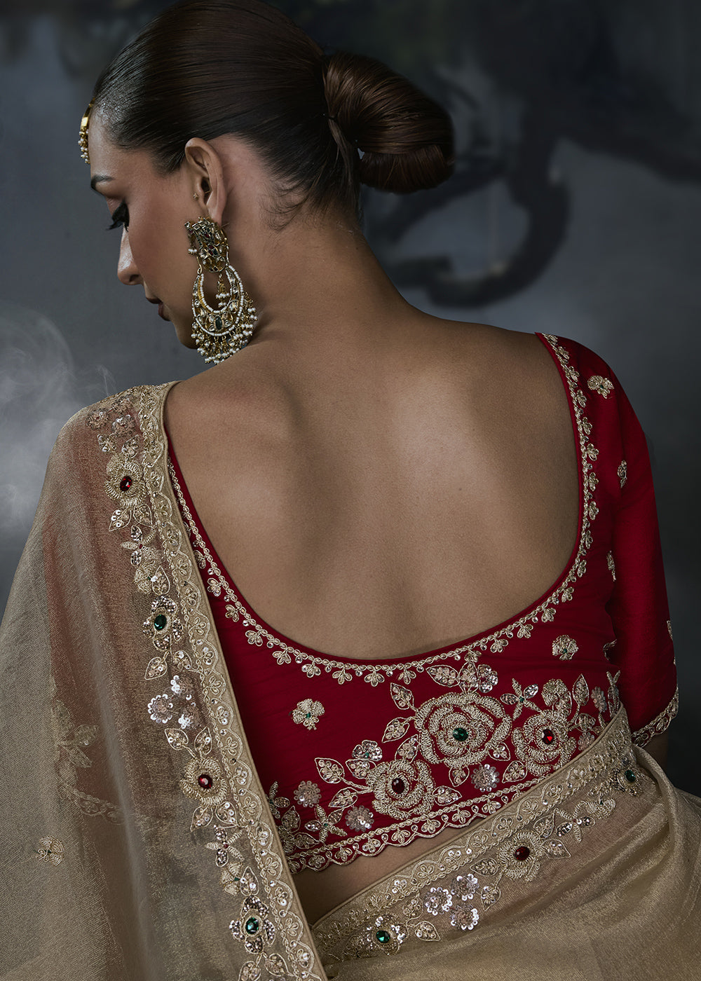 Light Brown Organza Saree with Threadwork & Stone Accents