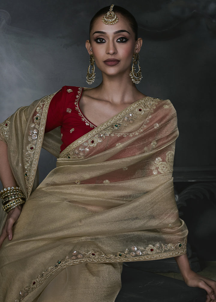 Light Brown Organza Saree with Threadwork &amp; Stone Accents