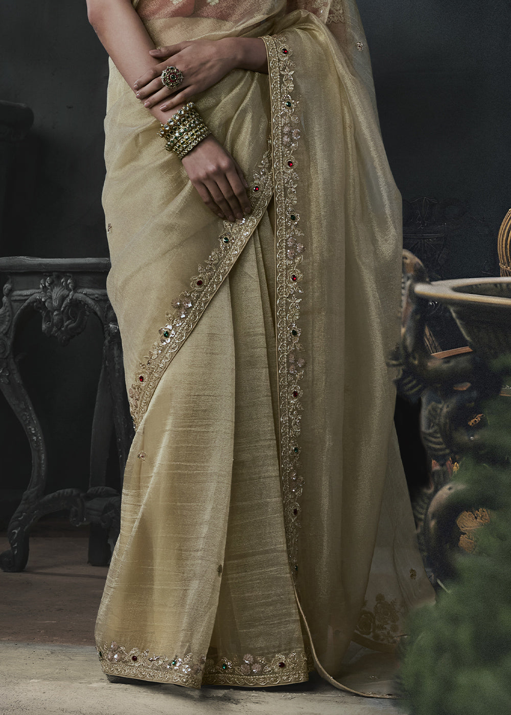 Light Brown Organza Saree with Threadwork &amp; Stone Accents