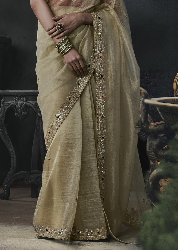 Light Brown Organza Saree with Threadwork &amp; Stone Accents