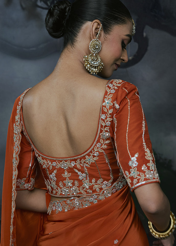 Papaya Orange Tissue Silk Saree with Threadwork &amp; Stone Accents