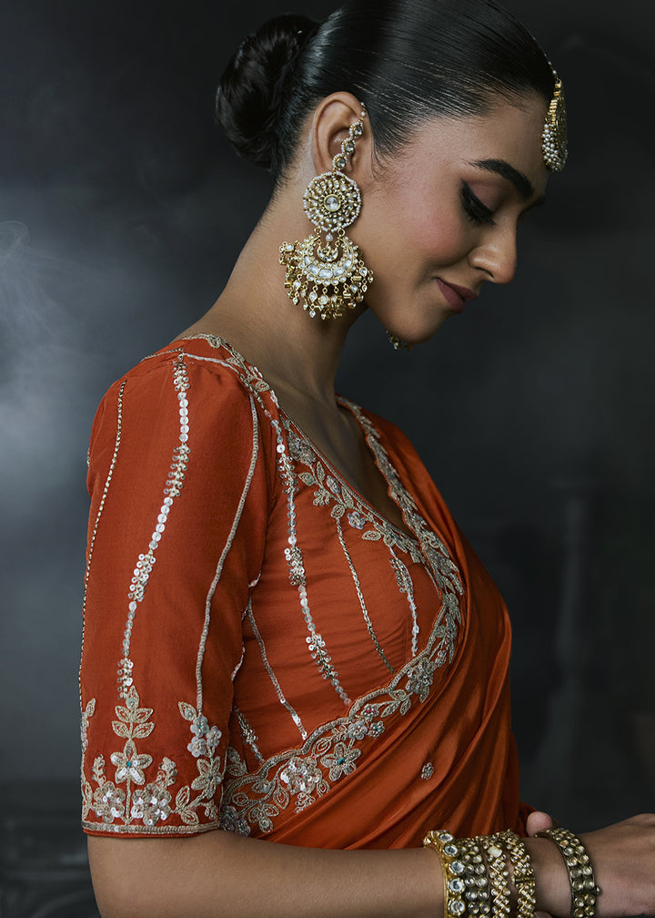 Papaya Orange Tissue Silk Saree with Threadwork &amp; Stone Accents