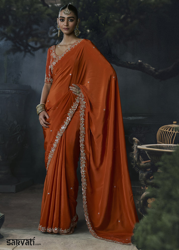 Papaya Orange Tissue Silk Saree with Threadwork &amp; Stone Accents