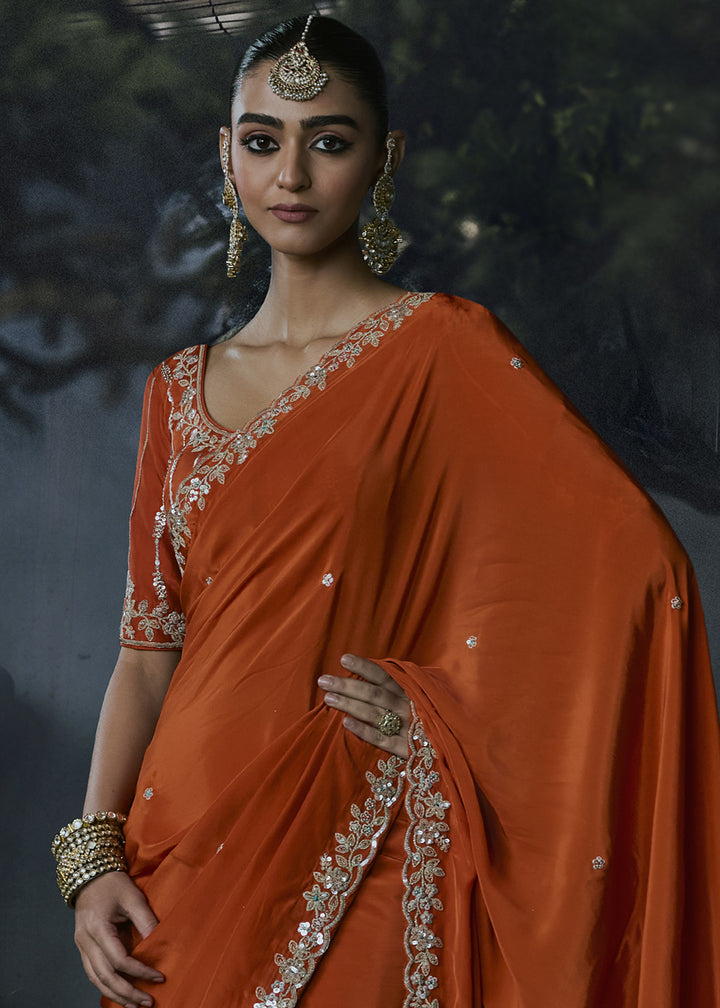 Papaya Orange Tissue Silk Saree with Threadwork &amp; Stone Accents