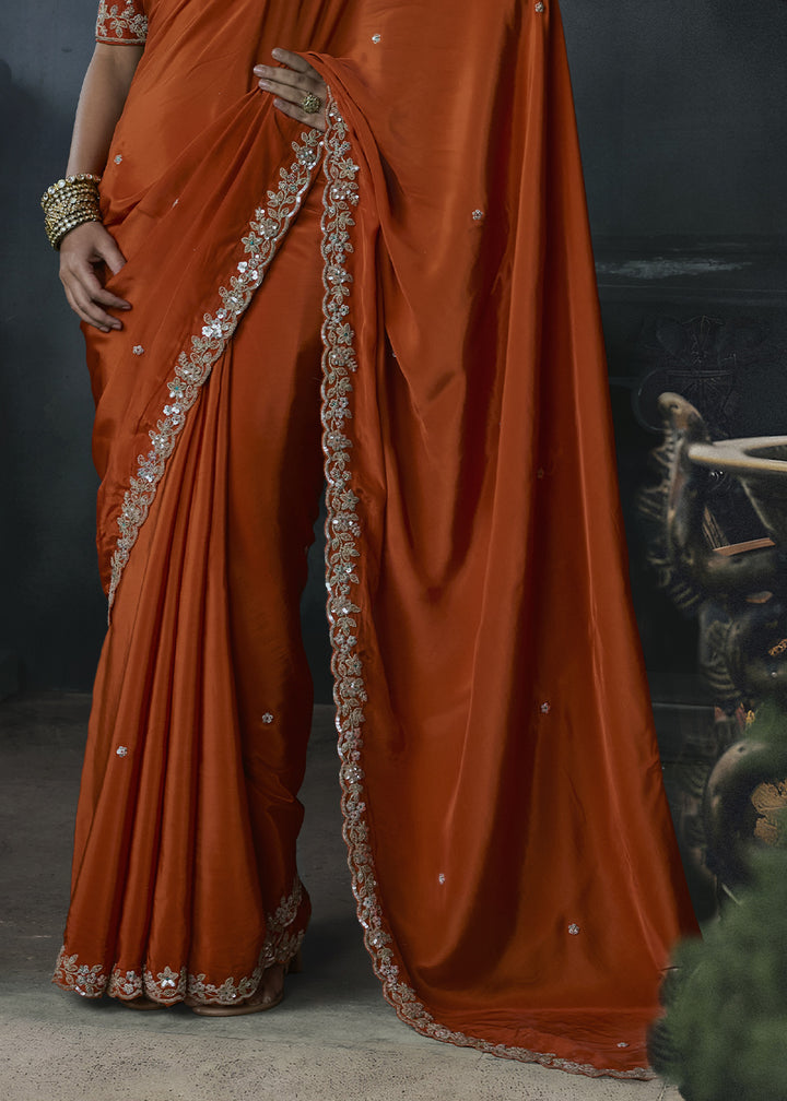 Papaya Orange Tissue Silk Saree with Threadwork &amp; Stone Accents