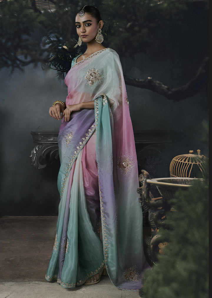 Multicolor Organza Saree with Threadwork &amp; Stone Accents