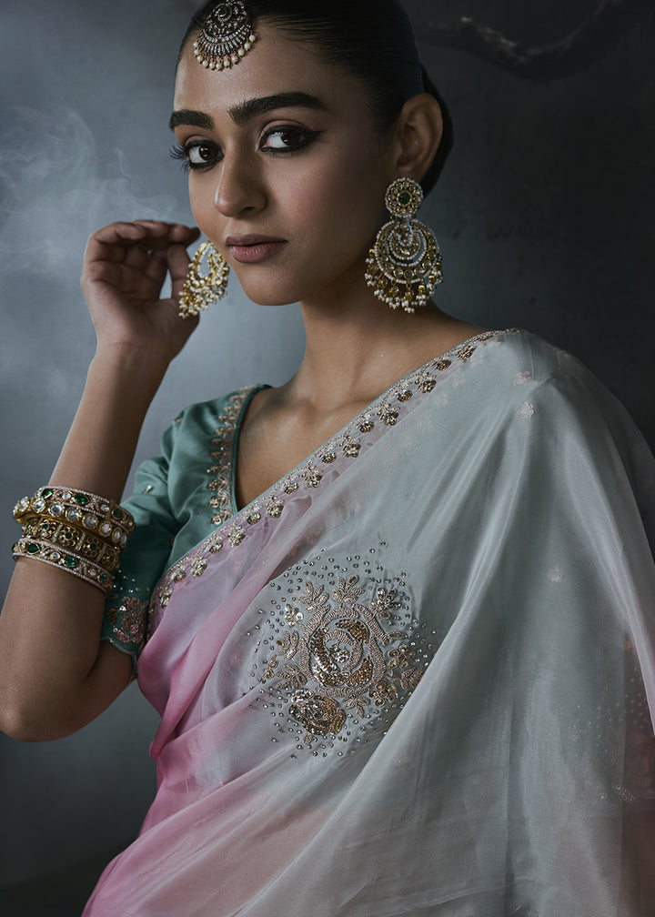 Multicolor Organza Saree with Threadwork &amp; Stone Accents