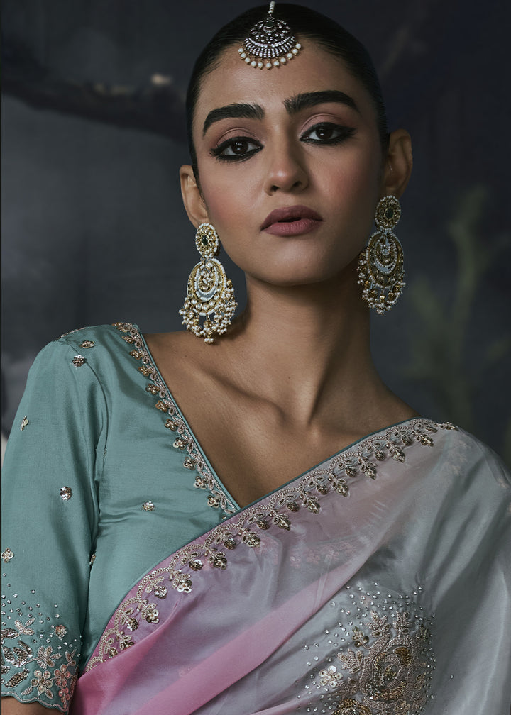 Multicolor Organza Saree with Threadwork &amp; Stone Accents