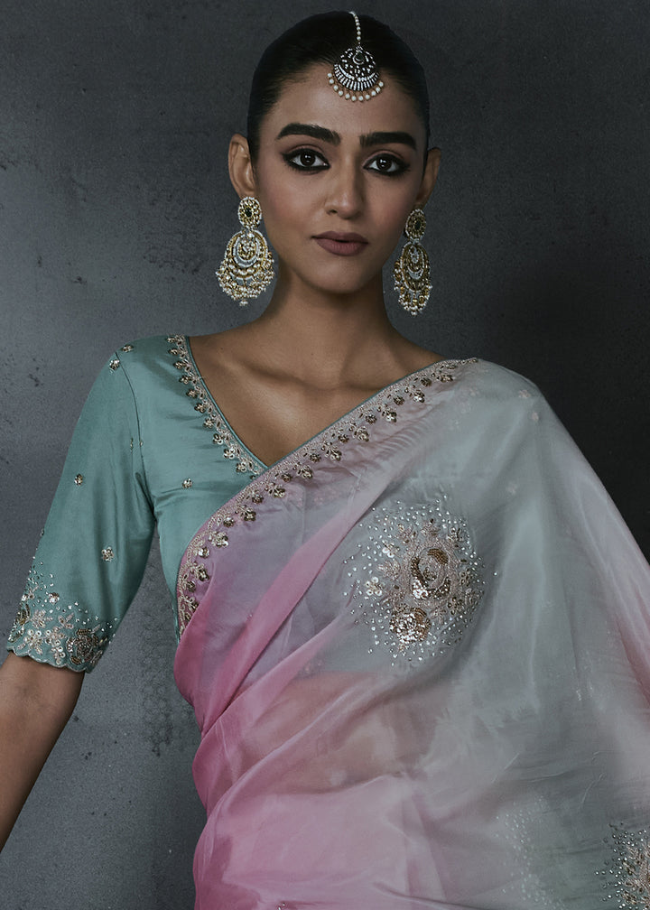 Multicolor Organza Saree with Threadwork &amp; Stone Accents