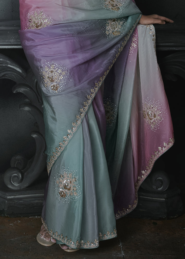Multicolor Organza Saree with Threadwork &amp; Stone Accents