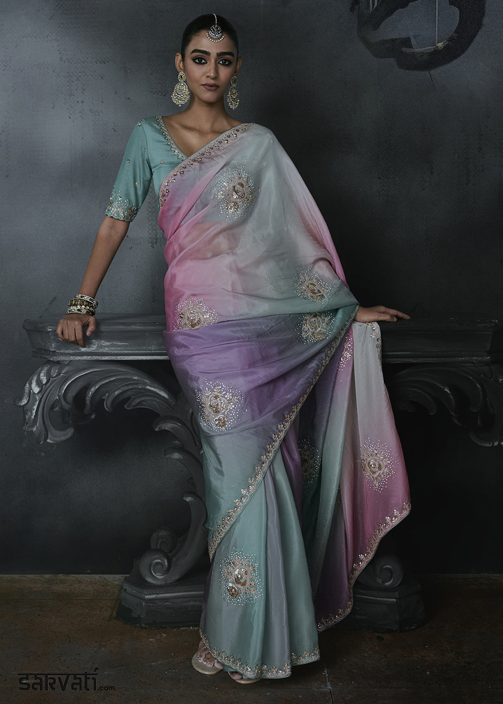 Multicolor Organza Saree with Threadwork &amp; Stone Accents