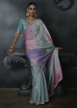 Multicolor Organza Saree with Threadwork & Stone Accents