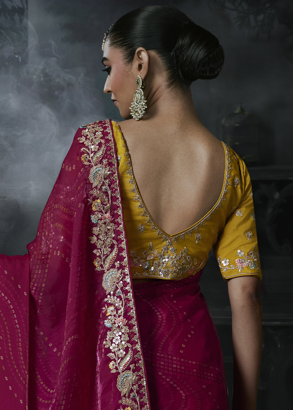 Magenta Pink Organza Saree with Threadwork & Stone Accents