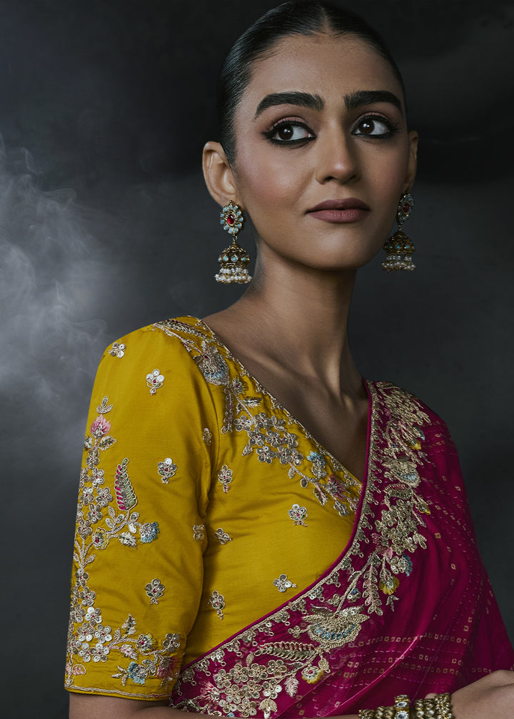 Magenta Pink Organza Saree with Threadwork &amp; Stone Accents
