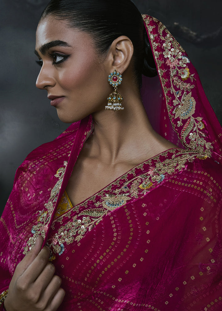 Magenta Pink Organza Saree with Threadwork &amp; Stone Accents