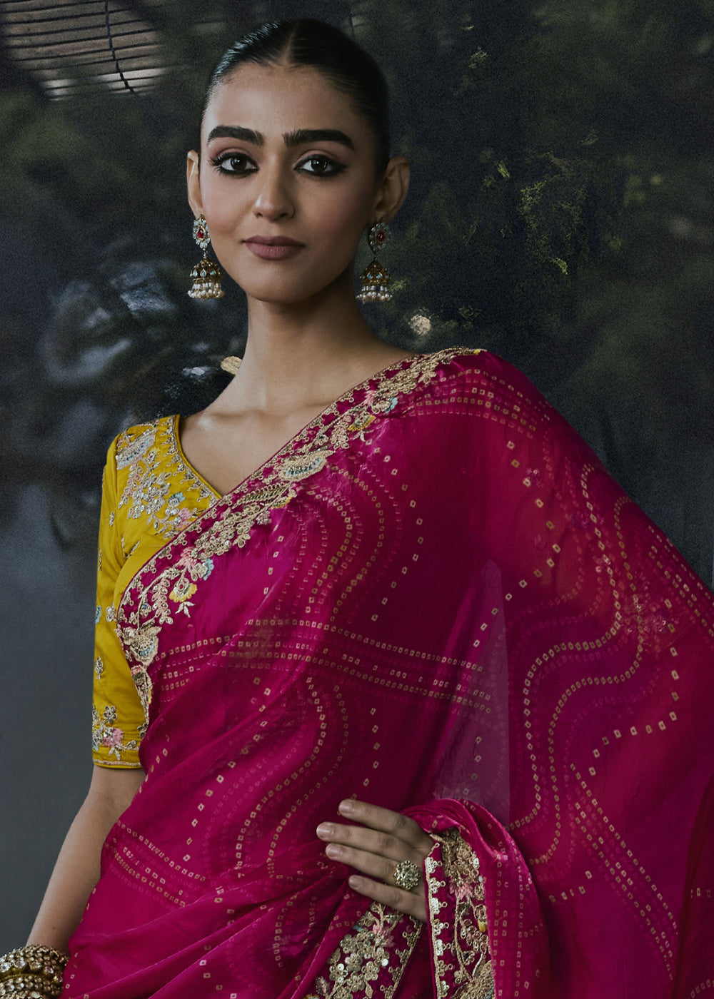 Magenta Pink Organza Saree with Threadwork &amp; Stone Accents