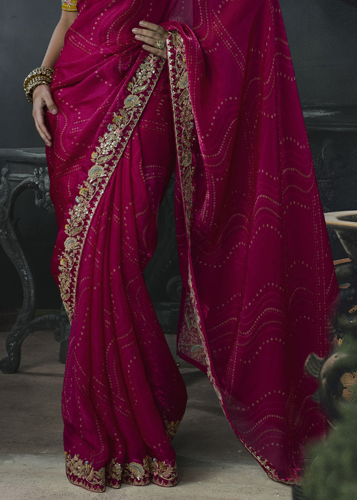 Magenta Pink Organza Saree with Threadwork &amp; Stone Accents