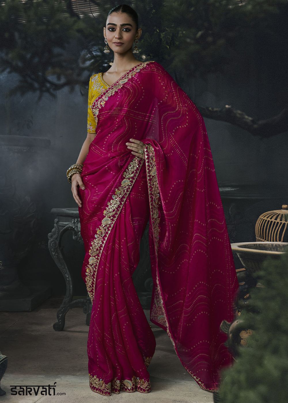 Magenta Pink Organza Saree with Threadwork &amp; Stone Accents