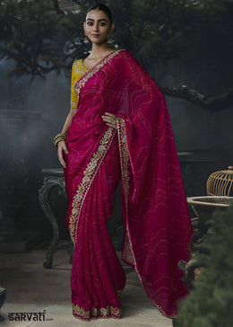 Magenta Pink Organza Saree with Threadwork & Stone Accents