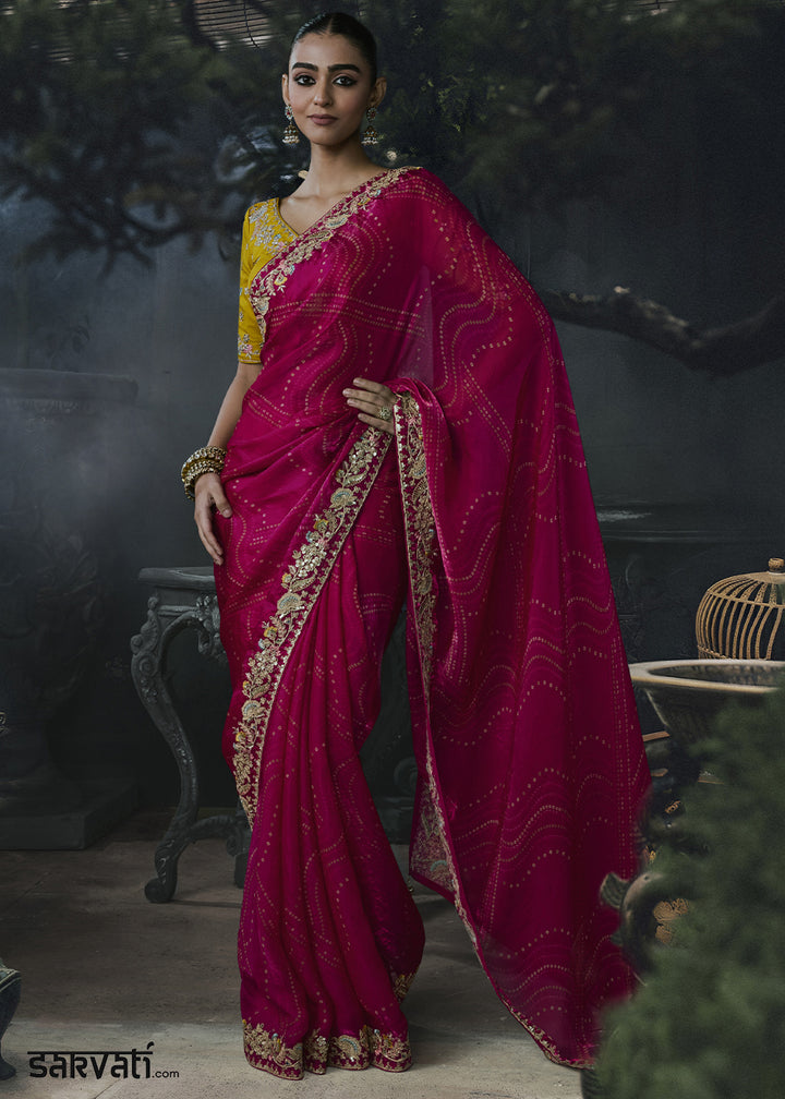 Magenta Pink Organza Saree with Threadwork &amp; Stone Accents
