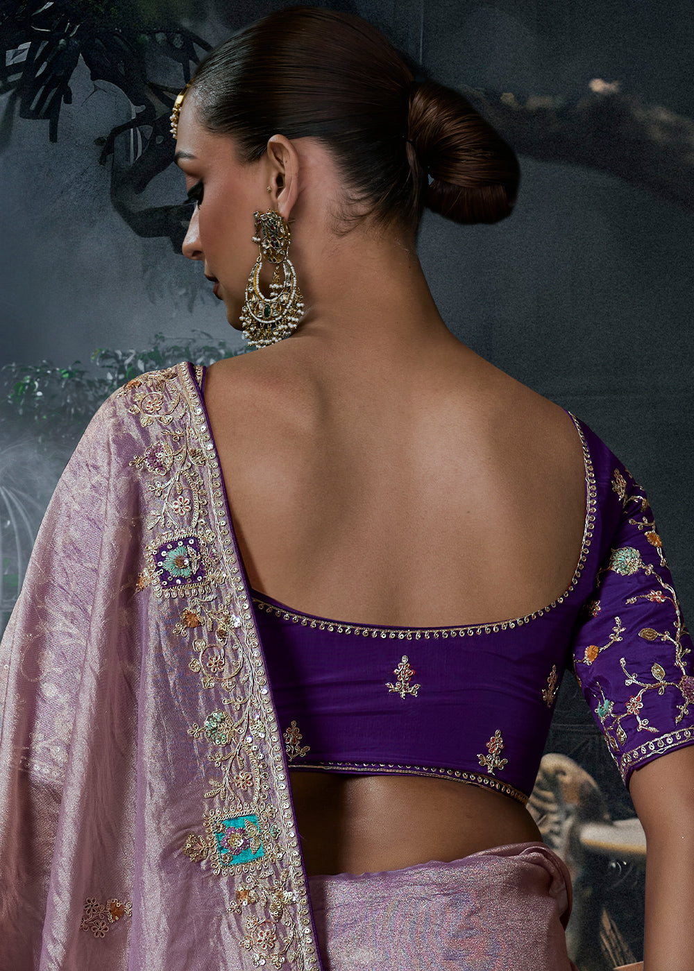 Lilac Purple Organza Saree with Threadwork &amp; Stone Accents