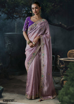 Lilac Purple Organza Saree with Threadwork & Stone Accents