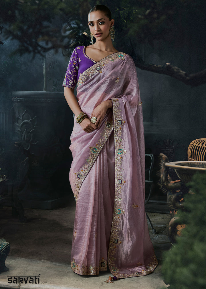 Lilac Purple Organza Saree with Threadwork &amp; Stone Accents